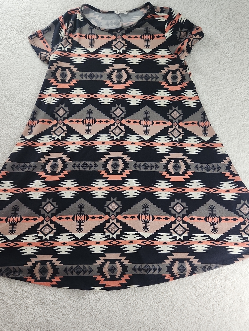 Bombom Women's Black & Peach Tribal Print Short Sleeve Dress Large